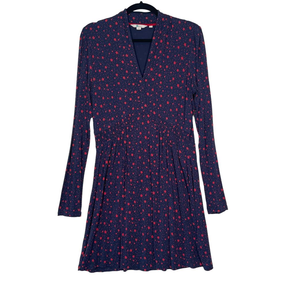 Boden Betty Tunic Top Navy Blue Red Star Print Stretch Jersey Knit Size 10